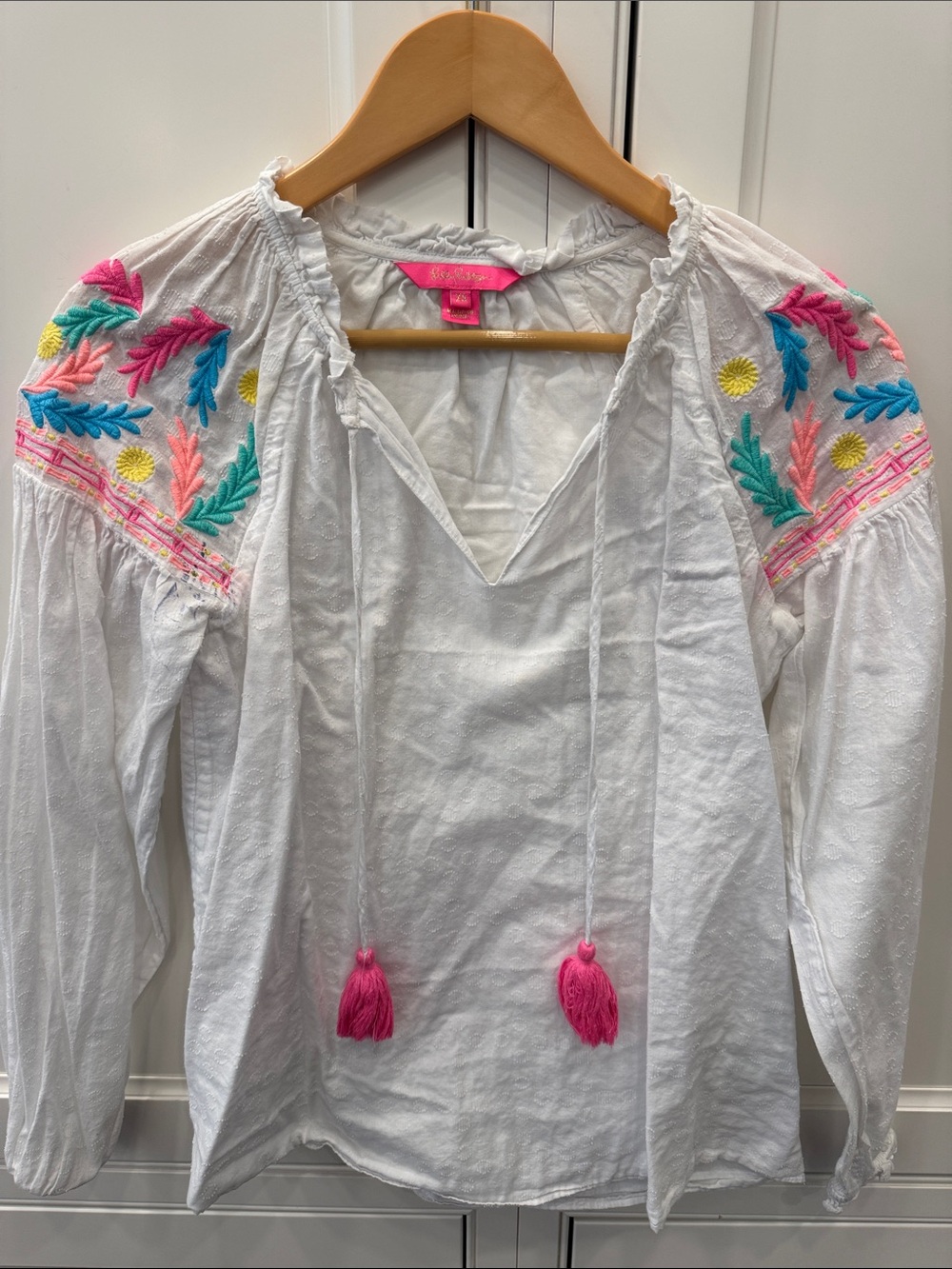 Lilly Pulitzer White Peasant Blouse with Pink Tassels & Multicolor Embroidery